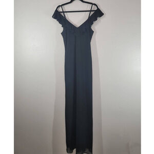 Adrianna Papell Maxi Dress Size 10 V-Neck Flutter Cold Shoulder Beaded Black